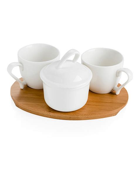 Set Caff Tazzine E Zuccheriera Con Base In Legno Di Bamboo E D