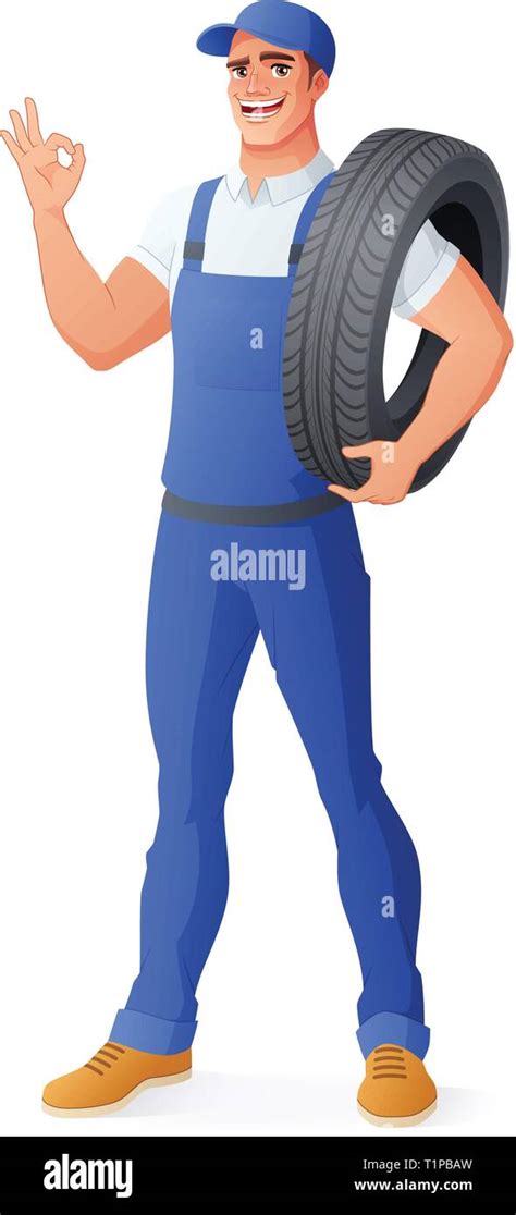 Auto Mechanic Car Service Man Holding Tire Vector Illustration Stock