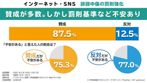 10～20代の「インターネット・snsでの誹謗中傷の罰則強化」に関する投票結果、8割以上が「罰則強化に賛成」する一方、賛成派・反対派ともに