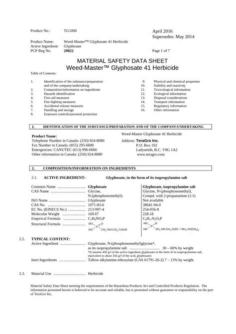 PDF MATERIAL SAFETY DATA SHEET Weed Master Glyphosate 41 MSDS