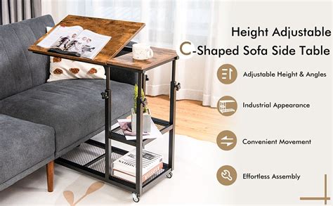 Height Adjustable C-Shaped End Table with Lockable Wheels and Tiltable Table Top - Costway