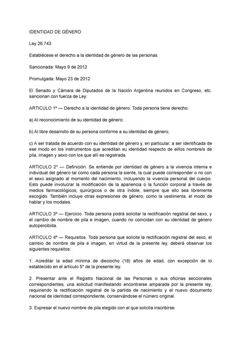 Ley identidad de g Ãnero IDENTIDAD DE GÉNERO Ley 26 Establécese el