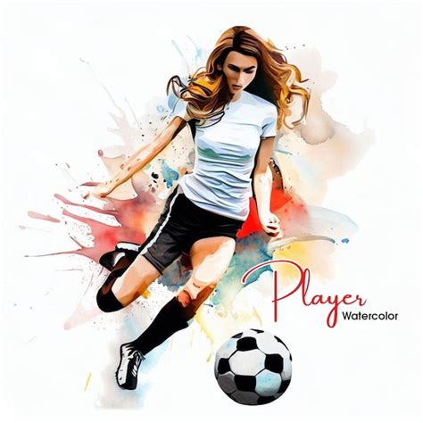 Woman Sports Player Playing Soccer Watercolor Painting Premium AI