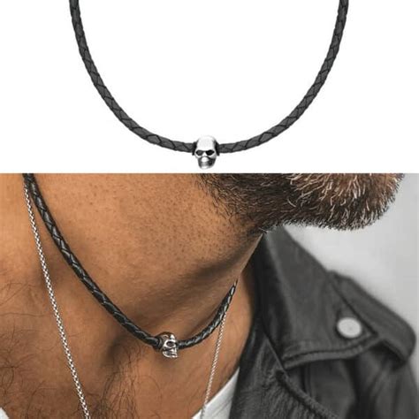 Collier Homme En Cuir Tete De Mort Acier Inoxydable Ninanina