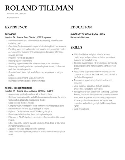 Internal Sales Resume Samples | Velvet Jobs