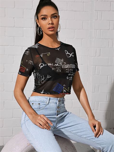 Letter Graphic Sheer Mesh Crop Top Sponsored Sponsored Sheer