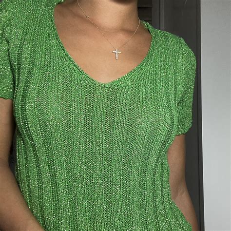 Green metallic v neck T-shirt Shimmery Shown on... - Depop