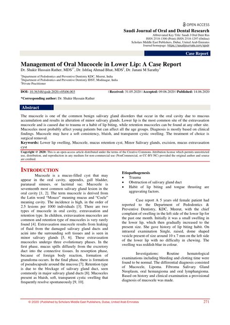 Pdf Management Of Oral Mucocele In Lower Lip A Case Report