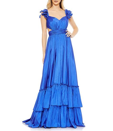 Mac Duggal Sheer Sweetheart Neck Ruffle Cap Sleeve Cut Out Open Back