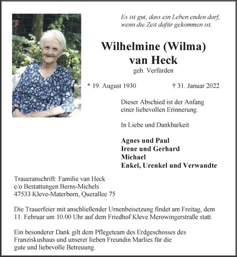 Traueranzeigen Von Wilhelmine Van Heck Niederrhein Nachrichten