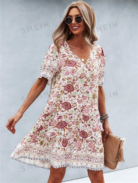 SHEIN VCAY Allover Floral Print Flounce Sleeve Smock Dress SHEIN UK