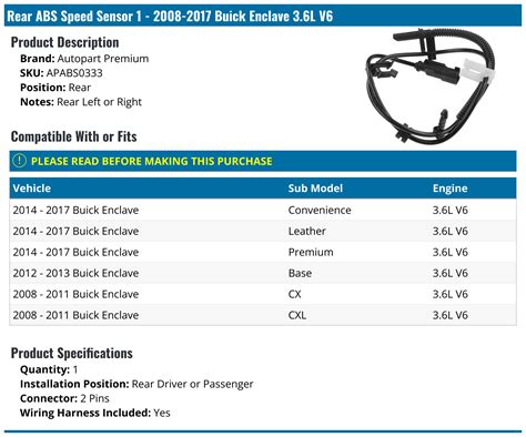 2008 2017 Buick Enclave Abs Speed Sensor Autopart Premium Apabs0333