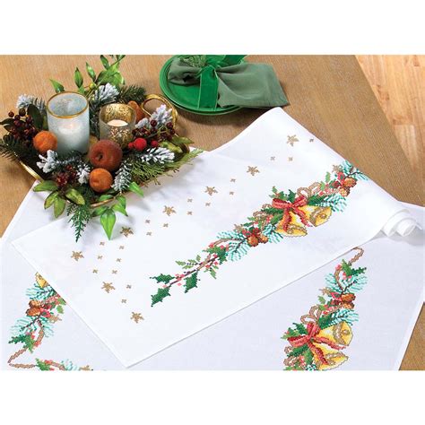 Herrschners Christmas Bouquet With Bells Table Runner Stamped Cross Stitch Kit