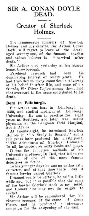 Sir A Conan Doyle Dead Aberdeen Press And Journal The Arthur Conan