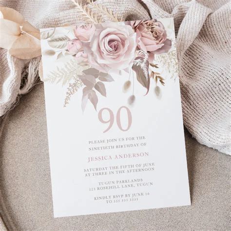 Divine Blush Pink Roses 90th Birthday Party Invitation Zazzle