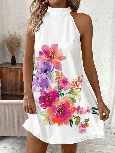 Shein Clasi Floral Printed Holiday Halterneck Womens Dress Shein Usa