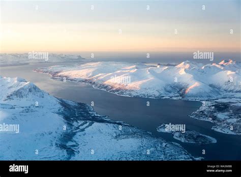 Aerial View Snow Covered Mountains With Fjord Province Tromso Tromso