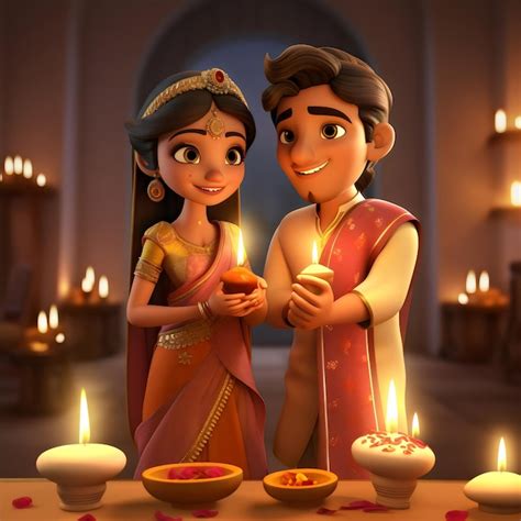 Indian 3d Couples With Diya Diwali And Karwa Chauth Design Style Premium Ai Generated Image