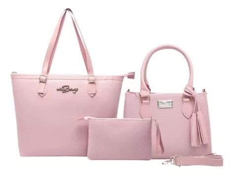 Kit Bolsa Sacola Tote Carteira De Luxo Baratas Atacado Cor Rose