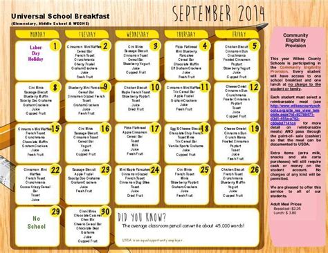 Wilkes County Schools lunch menus announced for September 2014 ...