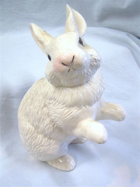 Vintage 70s Ceramic White Bunny Rabbit Standing 8 Hand Painted Taiwan