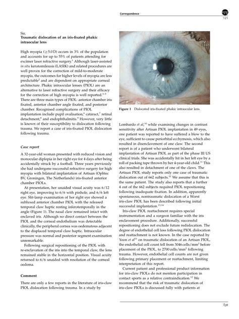 Pdf Traumatic Dislocation Of An Iris Fixated Phakic Intraocular Lens