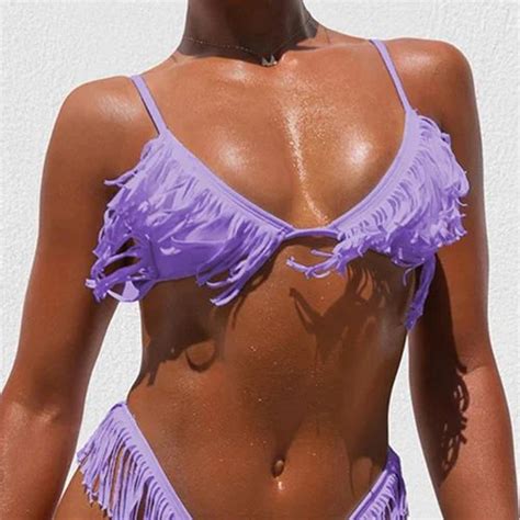 Tassel Bikini Set Push Up Top Swimwear Costume Travel Bathing Suit Purple Xl At Rs