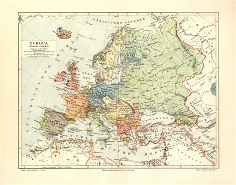 Europa Politische Übersicht historische Landkarte Lithographie ca 19