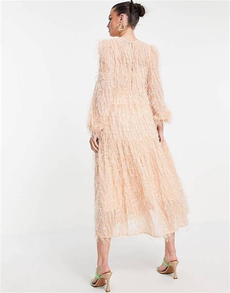 Asos Design Tiered Midi Dress In Fluffy Texture In Pink Asos In 2022