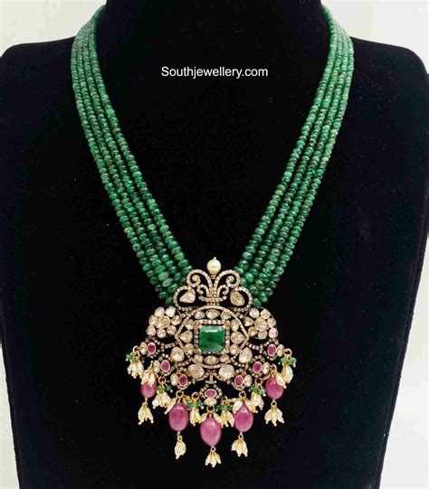 Emerald Beads Mala With Polki Pendant Indian Jewellery Designs