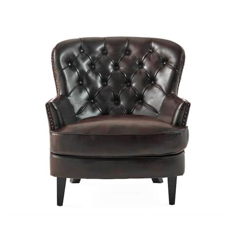 Noble House Tafton Brown Leather Tufted Club Chair The Home Depot