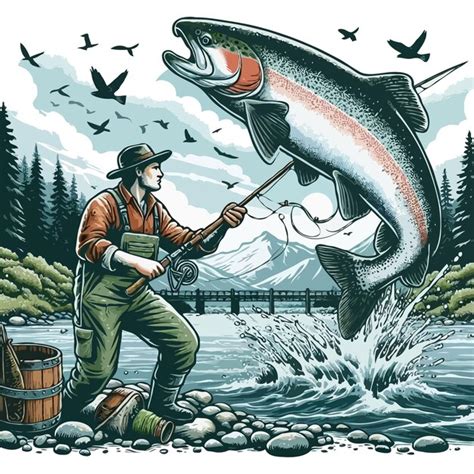 Fisherman Catch The Big Steelhead Trout Fish White Illustration