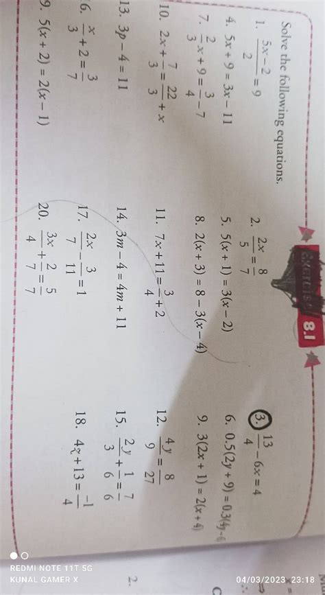 Solve The Following Equations1 25x−2 92 52x 78 3 413 −6x44