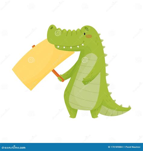 Cute Toothy Crocodile Holding Blank Banner Sign Vector Illustration