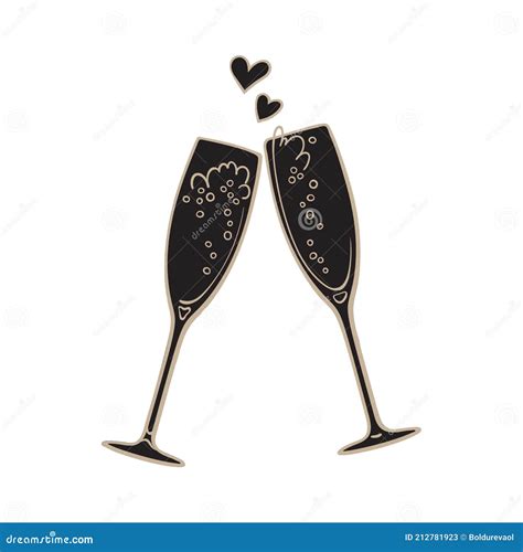 Black Silhouette Of Two Sparkling Glasses Of Champagne Retro Style