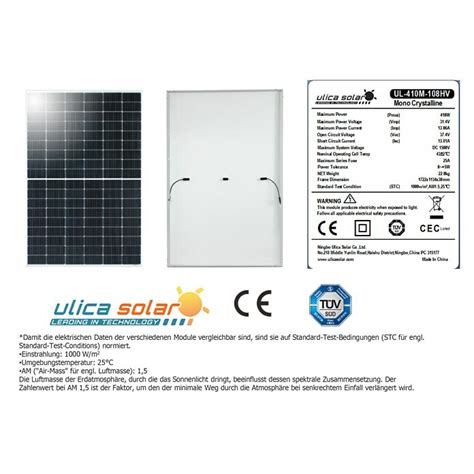 Ulica Solarmodul 36 Stück UL 410M 108HV Nennleistung 410 W L x B x H