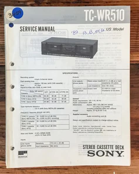 Manuel Dentretien De La Plate Forme Cassette Sony Tc Wr90es Original