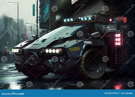 Futuristic Police Car On The Street 3d Rendering Stock Illustration