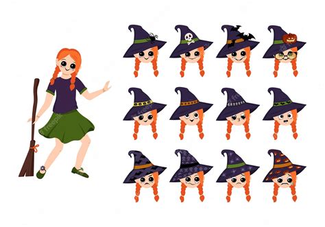 Premium Vector A Girl In A Witch Costume With A Hat And A Broom For