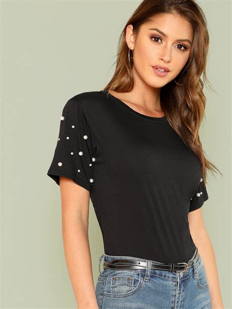 Shein Pearl Embellished Sleeve Tee Refashion Clothes Tee Shirt