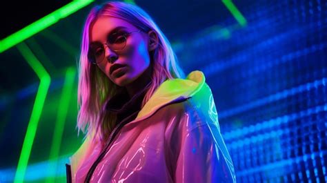 Premium Ai Image A Woman Stands In Front Of A Neon Wall With Neon