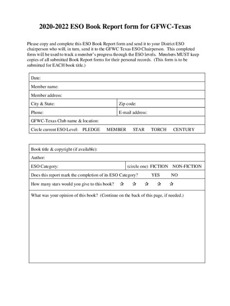 Fillable Online Eso Book Report Form For Gfwc Texas Fax Email