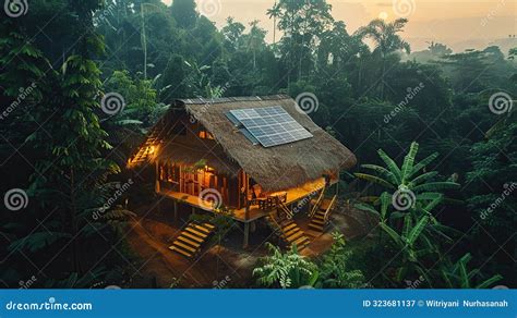 Sustainable Jungle Cabin With Solar Panels Stock Illustration