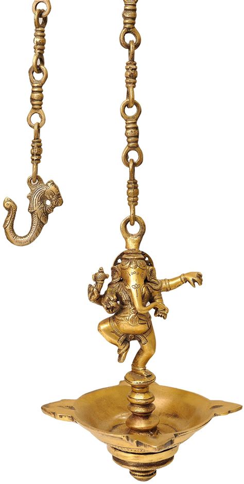 Dancing Ganesha Temple Hanging Brass Four Wick Lamp Handmade