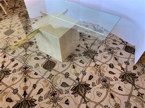 Midcentury Artedi Travertine Glass And Brass Cocktail Coffee Table Made