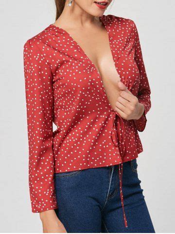 100 OFF 2018 Self Tie Star Print Low Cut Blouse In Red M Rosegal