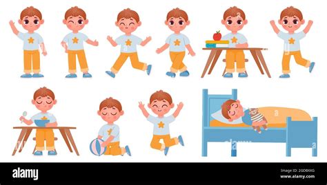 Cartoon kid boy character poses, gestures and expressions for animation. Happy school child ...