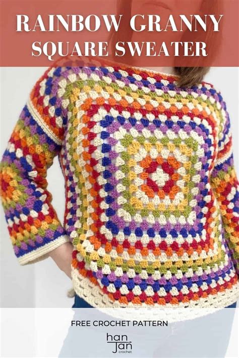 Rainbow Granny Square Sweater Free Beginner Crochet Pattern HanJan