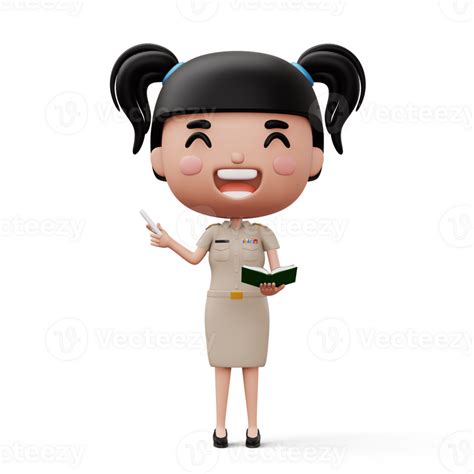 Happy Thai Teacher Wearing Civil Servant Uniform Holding A White Chalk