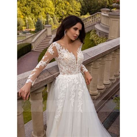 Robe De mariée style bohémien coupe trapèze manches longues Corset en